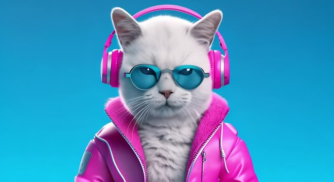 animation of a cat wearing glasses and wearing a jacket using headphones listening to music
