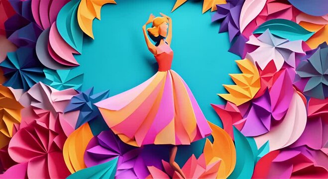 Modern Paper Cut to Celebrate International Women's Day. Colorful Geometric Design with Dancing Women, Abstract Shapes