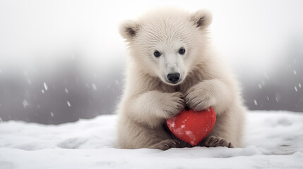 Fototapeta premium A white bear holds a red heart for Valentine's Day.