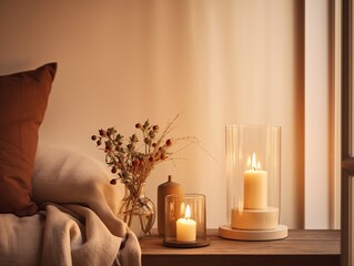 Beige and brown home interior decor, winter seasonal cozy apartment decoration with burning candles and empty wall, copy space