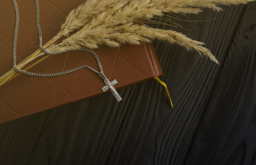 Silver necklace with crucifix cross on christian holy bible book on black wooden table. Asking...