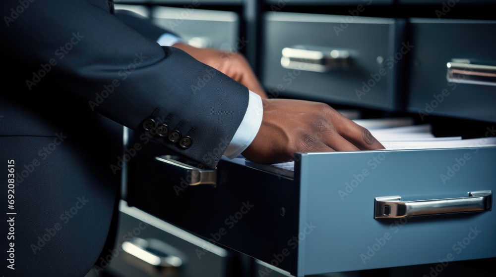 Aufkleber close-up of a person in a business suit searching through open file drawers full of documents.