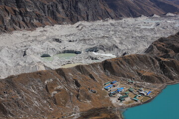 Lodges in Gokyo and detail of the Ngozumpa Glacier, Nepal.