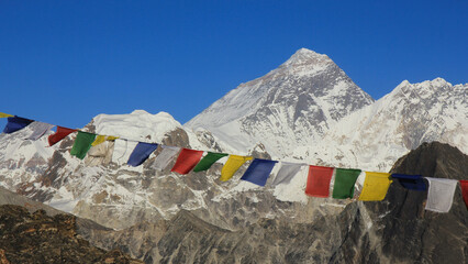 Prayer flags on Gokyo Peak and Mount Everest, Nepal.