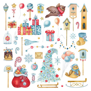 Watercolor set of cute Christmas elements. Watercolor winter isolated clipart with PNG background. Christmas collection.