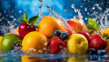 Fruits with water splash blue background 