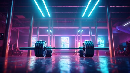 A detailed view of a sleek barbell set against the backdrop of a gym bathed in neon lighting.