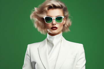 Fashionable blonde woman in white suit and sunglasses on green background