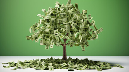 Tree with branches and leaves made out of American dollar bills against a green background
