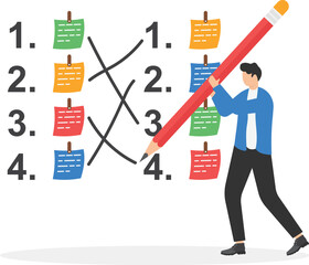 Change work schedule for best productivity, switch tasks or plans, set new priority concept, Businessman rearrange to do list sticky note on whiteboard.

