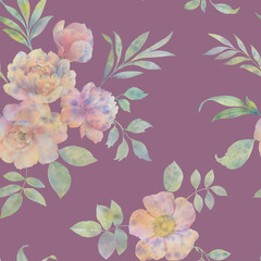 bright butterflies and colorful flower pattern on purple background