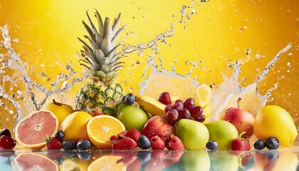 Fruits with water splash yellow background