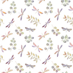 Dragonflies and leaves, abstract seamless pattern drawn in watercolor isolated on white background