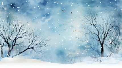 Winter watercolor background with tree and snow illustration
