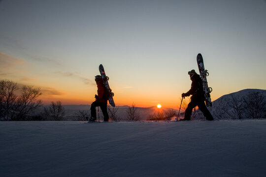 People walking beautiful sunset on mountain