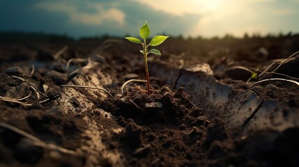 growth on small plant in dry soil, green seedling growing in barren drought dirt, new life and hope...