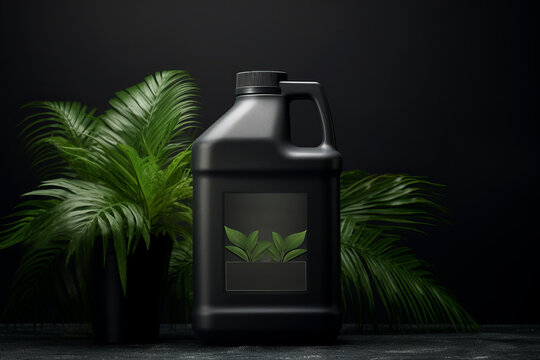 Plastic canister with bio fuel and palm leaves on dark background