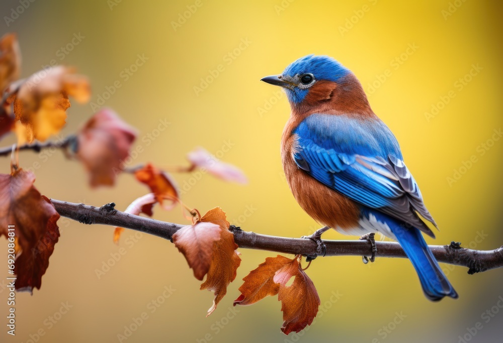 Poster a blue bird sitting on top of a tree branch next to a tree branch with leaves falling off of it.
