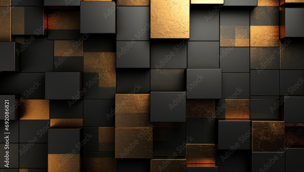 Poster a black and gold abstract wallpaper with squares and rectangles of varying sizes and shapes in gold 