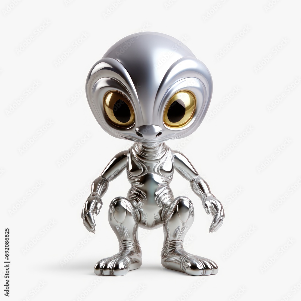 Poster a small silver alien with big eyes on a white background with a clipping path to the bottom of the i