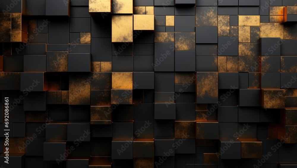 Poster a black and gold textured background with squares and rectangles in the middle of the image and a re