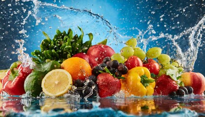 Fruits and vegetables fly with water splash blue background