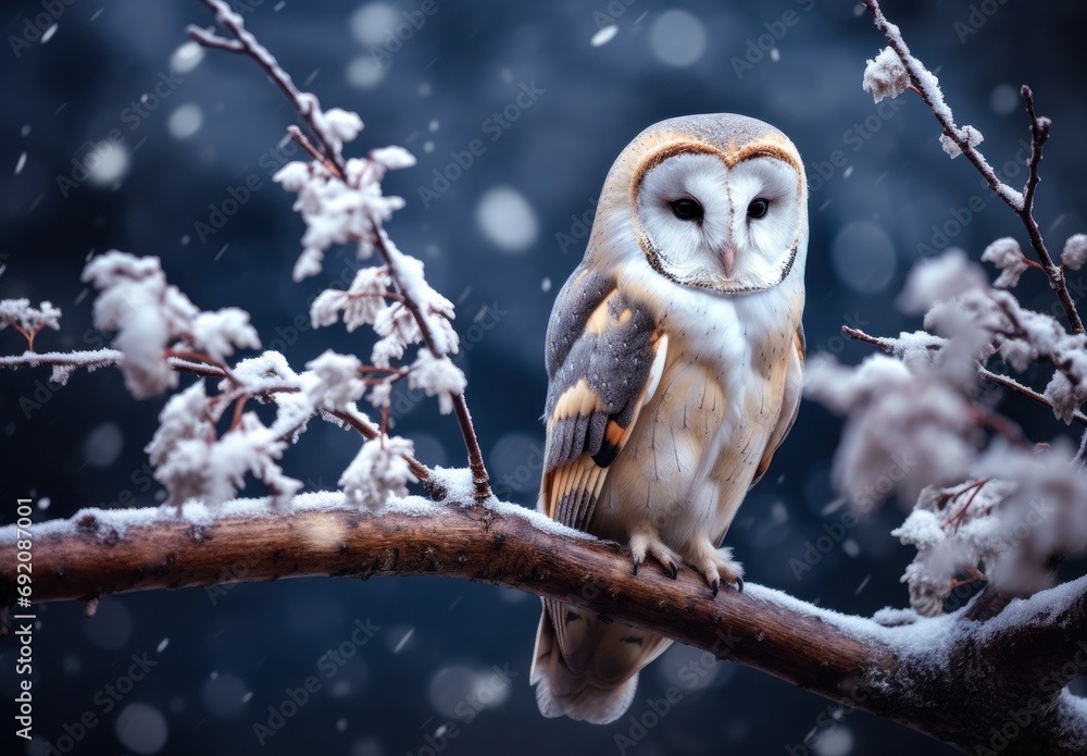 Poster an owl sitting on top of a tree branch in a snowy forest with lots of snow flakes on the branches.
