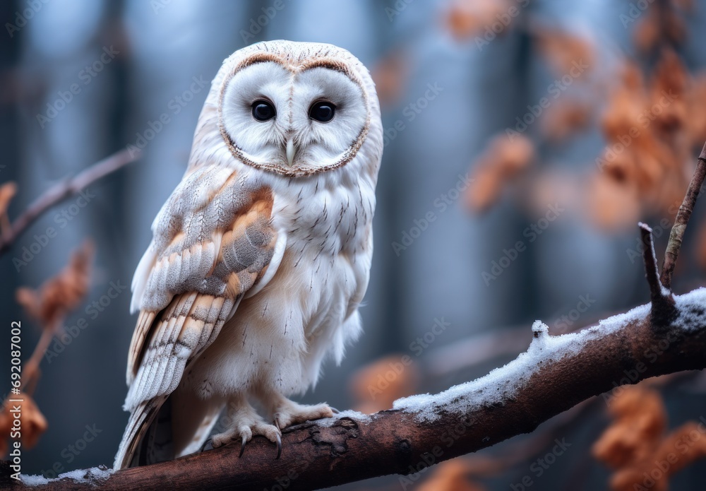 Poster a white owl sitting on top of a tree branch in front of a forest filled with trees covered in snow.