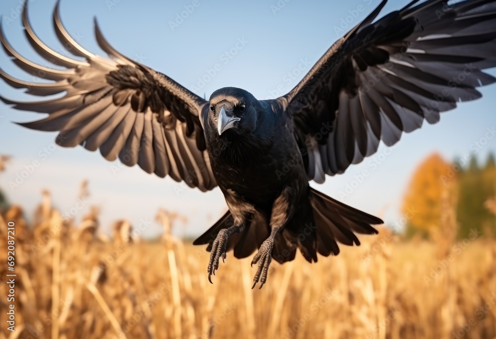 Poster a black bird with its wings spread out in front of a field of tall grass with trees in the backgroun