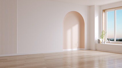 Peach fuzz   ,minimal interior  livingroom. peach color pastel tone. Mockup background. 3d render