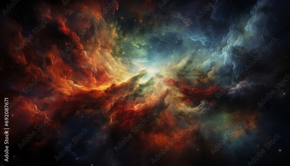 Poster captivating image of starry cosmos with mesmerizing glowing planets and abstract explosion