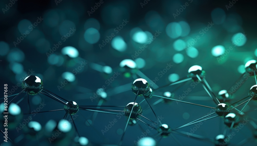 Poster a close up of a network of spheres on a blue and green background with a blurry light in the middle 