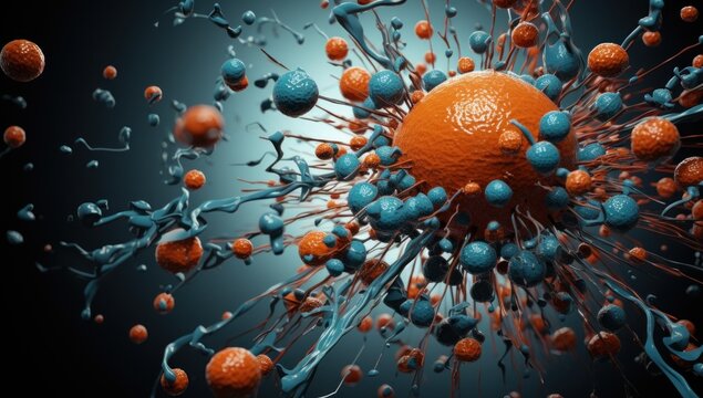  a close up of an orange surrounded by many blue and orange balls and filaments on a black background.