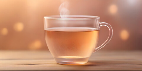 Cup of hot tea on wooden table against bokeh background.  Commercial promotional food photo