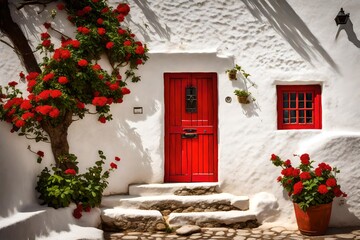 A vibrant red door set against a whitewashed wall, evoking a sense of warmth and welcome in a charming village.