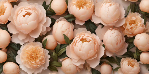 A close up of pastel peach peonies, top view. Floral background for holiday banners, posters, cards