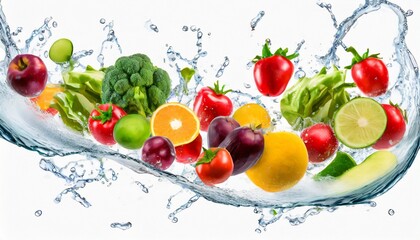 Fruits and vegetables flying with water splash white background