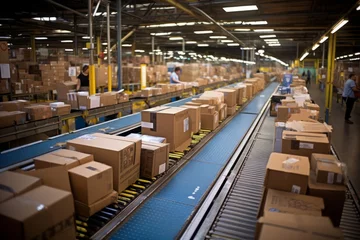 Foto op Canvas Efficient warehouse fulfillment center with conveyor belt transporting cardboard box packages © Ilja