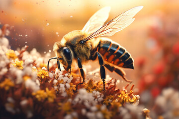 A bee pollinates flowers.Nature's Ballet: Bee and Bloom Harmony