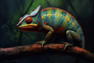 Fototapeta premium A chameleon sits on a tree branch. Exotic animal.