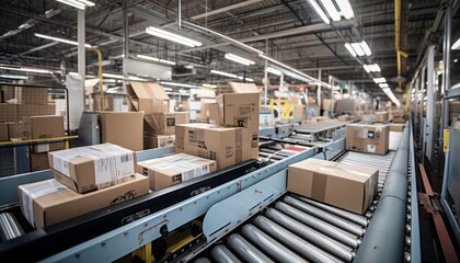 Efficient conveyor belt system transporting cardboard box packages in a bustling warehouse center - obrazy, fototapety, plakaty