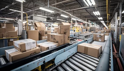 Foto op Canvas Efficient conveyor belt system transporting cardboard box packages in a bustling warehouse center © Ilja