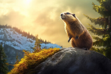 Marmot in the mountains.Springtime Soothsayer: Groundhog's Gentle Gaze.