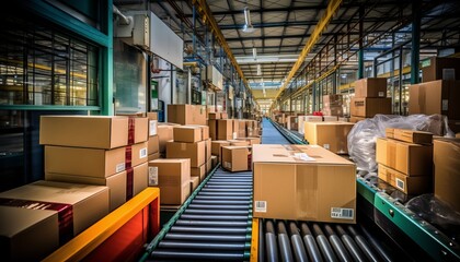 Bustling warehouse fulfillment center with seamless flow of packages on conveyor system - obrazy, fototapety, plakaty