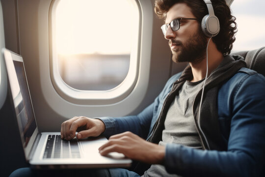 Handsome Young Man In Headphones Using Laptop While Sitting In Airplane