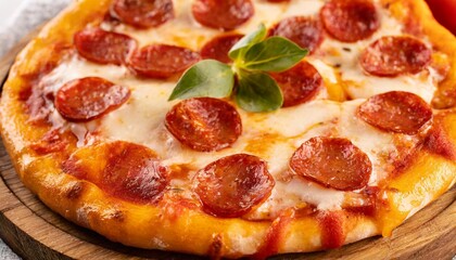 Margherita pizza garnished with fresh basil on wooden board, text space. 