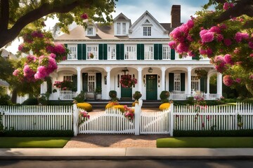 A charming colonial-style home with a white picket fence, showcasing a welcoming front facade adorned with vibrant flowers and a well-manicured lawn.