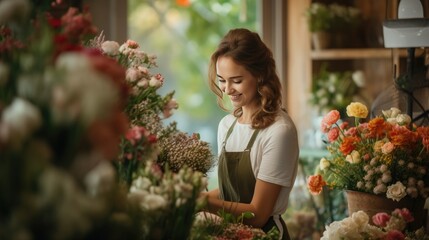 An employee of a flower shop collects a beautiful bouquet for customers. Small business. Valentine's Day gifts . A young woman is a florist.