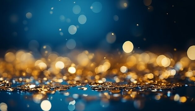 Golden light particles bokeh on navy blue background with red and gold abstraction shining