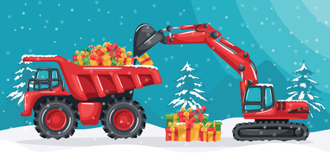 Caterpillar excavator loading Christmas gifts to a mining truck. Christmas winter landscape with snow. Celebrating the beginning of a happy new year. Heavy machinery in the construction industry © Ipajoel